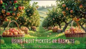 using fruit pickers or baskets