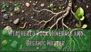 weathered rock minerals and organic matter