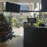 A Christmas tree is placed in front of a window, with a desk and a TV in the background.