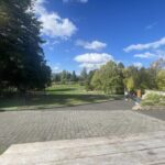 A group of people are walking on a path in a park, enjoying the outdoors.