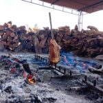 A large piece of meat is being cooked on a spit over a fire.