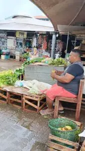 A man is sitting on a chair in front of a table full of vegetables.