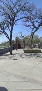 A tree-lined walkway with a bench and a light pole.