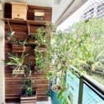 A variety of plants are displayed on a wooden shelf in a room.