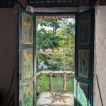 A view of a garden through a window with a green door.