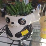 A white and black panda bear planter with a price tag on it.