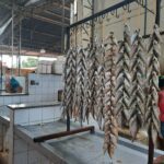 A woman stands in front of a table with a bunch of fish hanging from a hook.