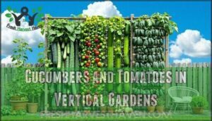 cucumbers and tomatoes in vertical gardens