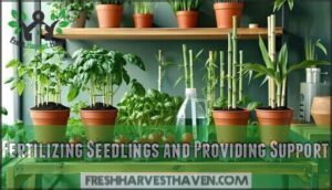 fertilizing seedlings and providing support