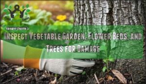 inspect vegetable garden, flower beds, and trees for damage