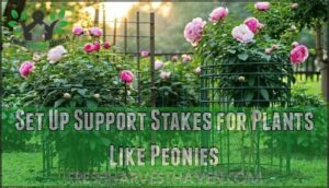 set up support stakes for plants like peonies