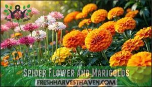 spider flower and marigolds