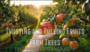 twisting and pulling fruits from trees