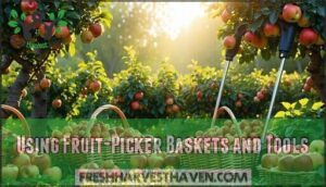 using fruit-picker baskets and tools