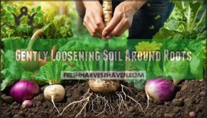 gently loosening soil around roots