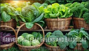 harvesting leafy greens and brassicas