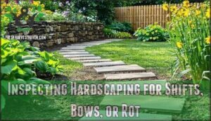 inspecting hardscaping for shifts, bows, or rot