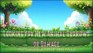 looking for new animal burrows or damage