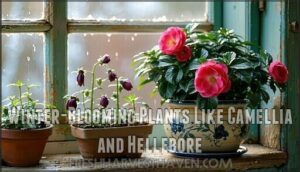 winter-blooming plants like camellia and hellebore
