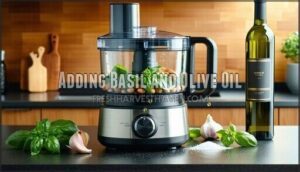 adding basil and olive oil