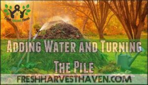 adding water and turning the pile