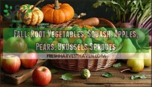 fall: root vegetables, squash, apples, pears, brussels sprouts