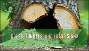 holes, tunnels, and frass signs