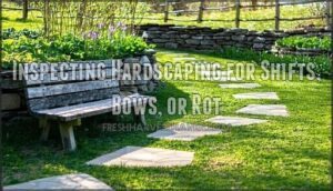 inspecting hardscaping for shifts, bows, or rot