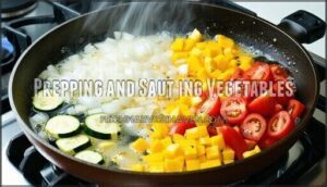 prepping and sautéing vegetables