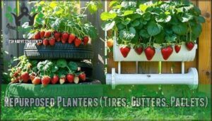 repurposed planters (tires, gutters, pallets)