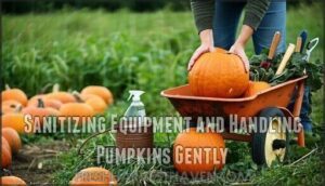 sanitizing equipment and handling pumpkins gently
