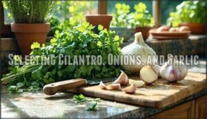 selecting cilantro, onions, and garlic