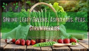 spring: leafy greens, asparagus, peas, strawberries