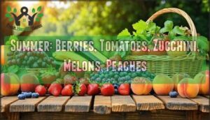 summer: berries, tomatoes, zucchini, melons, peaches