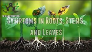 symptoms in roots, stems, and leaves
