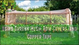 using garden mesh, row covers, and copper tape