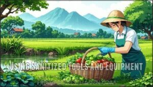 using sanitized tools and equipment