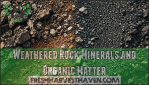 weathered rock minerals and organic matter