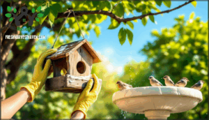 clean bird feeders and bird baths