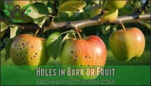 holes in bark or fruit