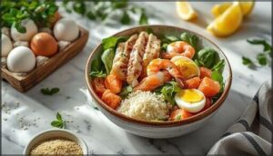 plant- and animal-based proteins (chicken, eggs, quinoa, seafood)