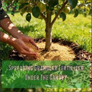 spreading granular fertilizer under the canopy
