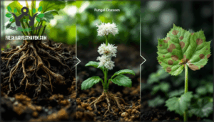 symptoms in roots, stems, and leaves