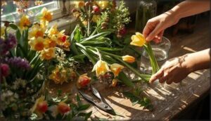 preparing flowers for arranging