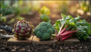 unique picks: artichokes, broccoli, and rhubarb
