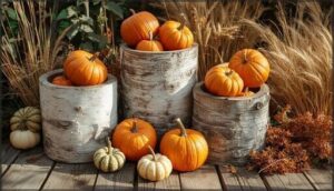 using pumpkins, gourds, and birch log planters using pumpkins, gourds, and birch log planters
