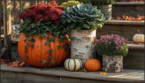 using pumpkins, gourds, and birch log planters using pumpkins, gourds, and birch log planters