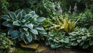hostas – foliage and pastel flowers hostas – foliage and pastel flowers