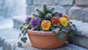 mixed pots with pansies, ivy, and evergreens mixed pots with pansies, ivy, and evergreens