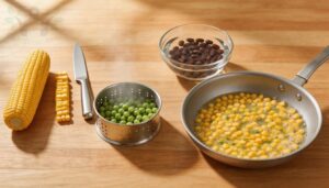 preparing corn, peas, and beans preparing corn, peas, and beans
